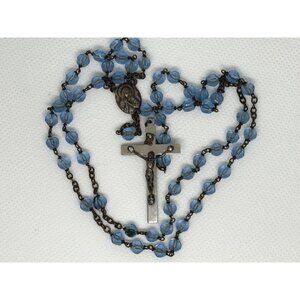 Vintage 17.5" Blue Glass Rosary With Crucifix & Virgin Mary Medal Made In Italy